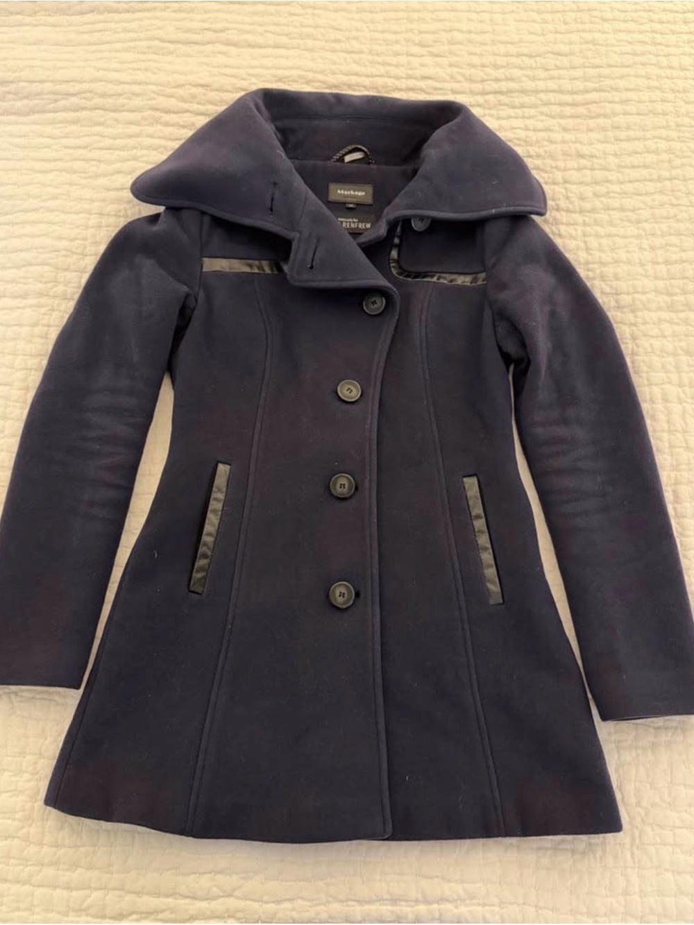Mackage Navy Wool-Blend Peacoat with Black Leather Trim - Size Small